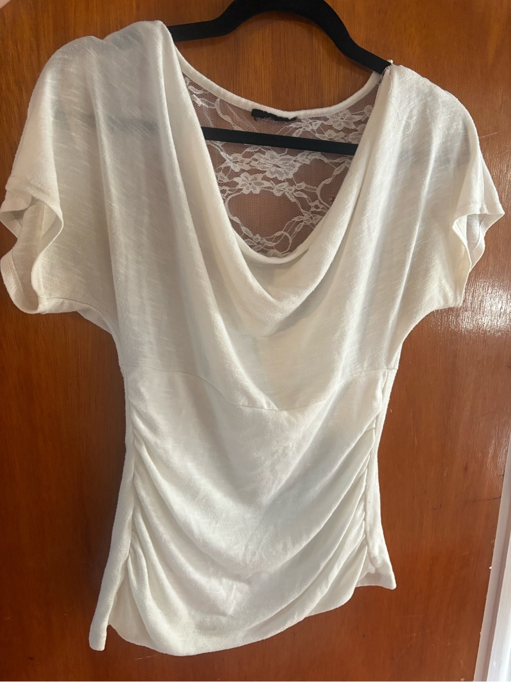 Women’s White Draped Neck Short-Sleeve Top